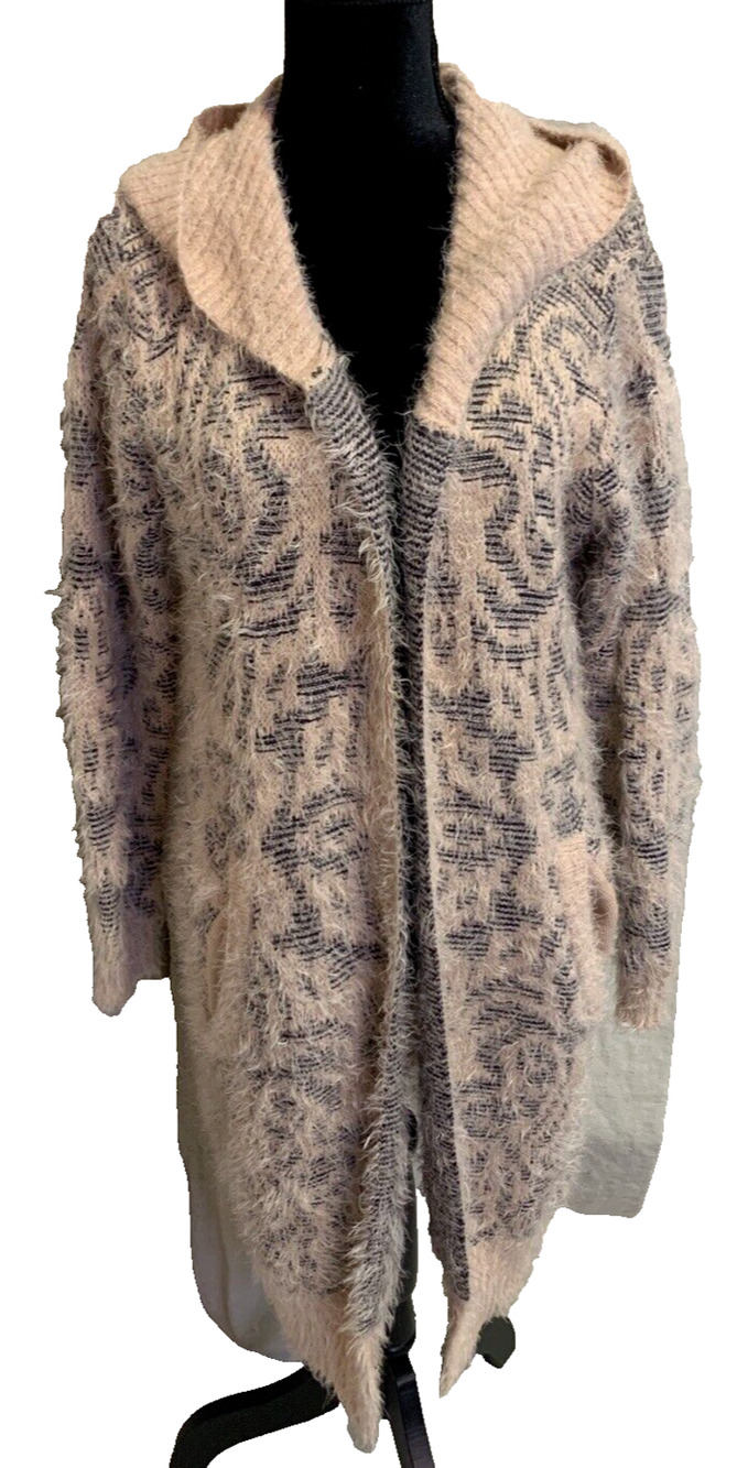 Joh Womens Long Hoodie Cardigan Size S / M Open Front Fuzzy Pink Cottage Core